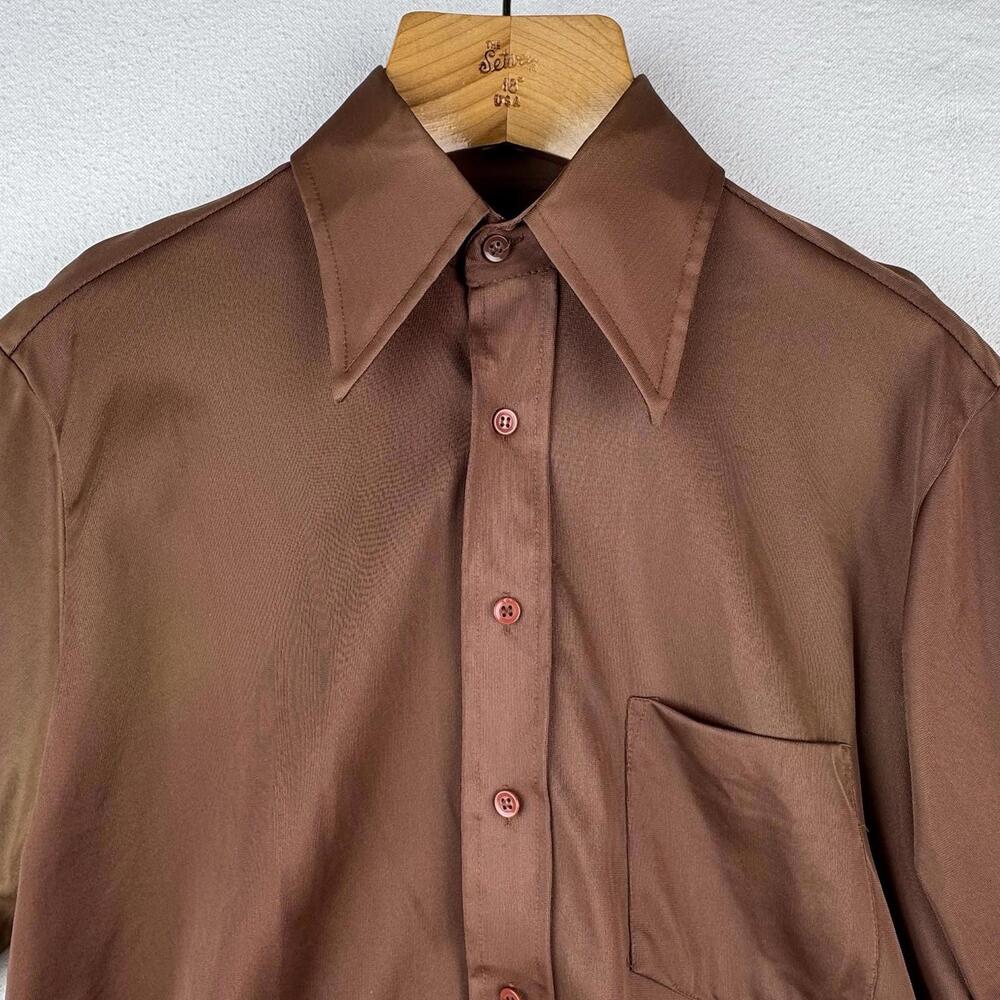 70’s Vintage‎ Bradford Mens Medium Brown Nylon Dagger Collar Shirt - Picture 4 of 9